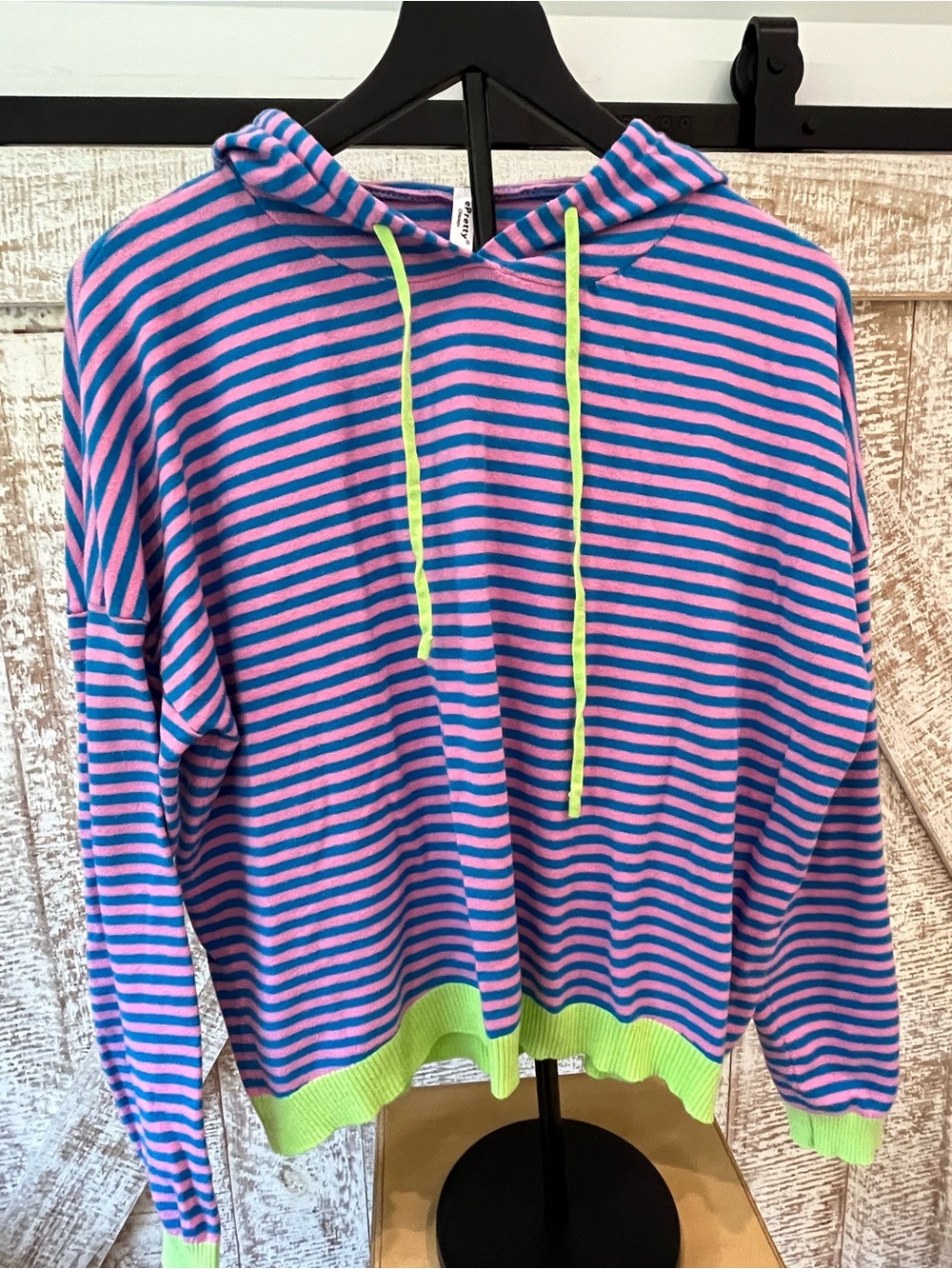 Women’s Striped Pink and Royal Blue Hoodie Sweater with Neon Green Accents Sz XL